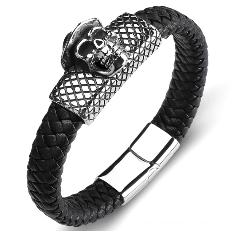 Black braided leather skull bracelet with silver magnetic clasp and fedora-crowned skull charm, overhead front view showcasing grid-textured metal accents and gothic design details