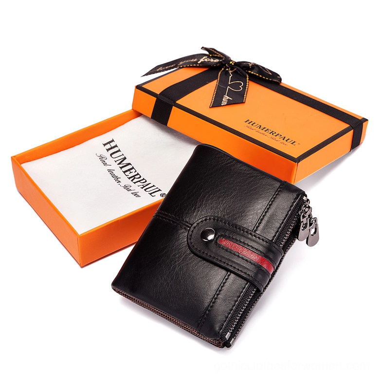 Black gothic leather wallet with gift box packaging and decorative bow, perfect for alternative fashion gifts