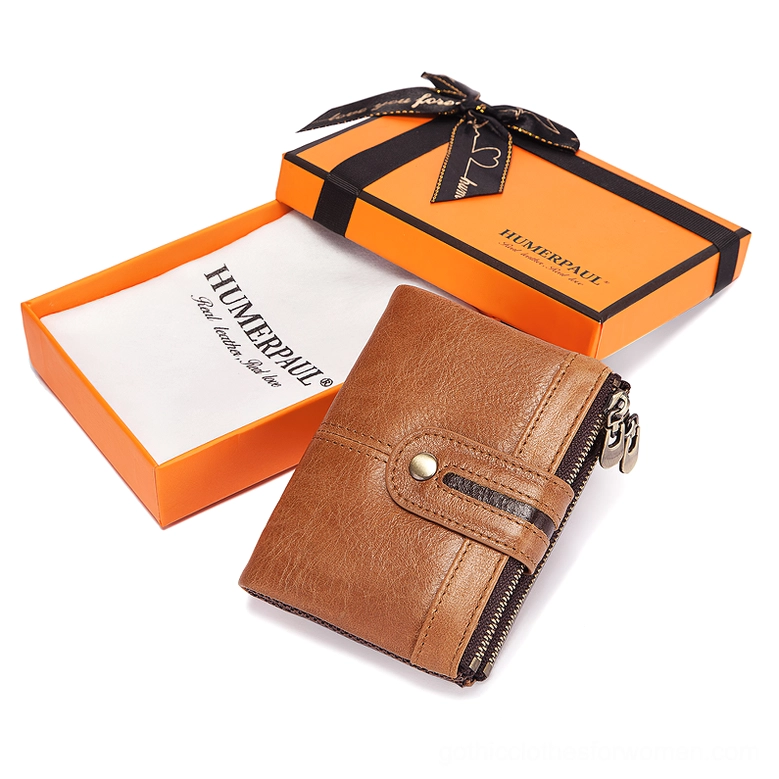 Brown genuine leather gothic wallet presented in branded orange gift box with ribbon, ready for gifting