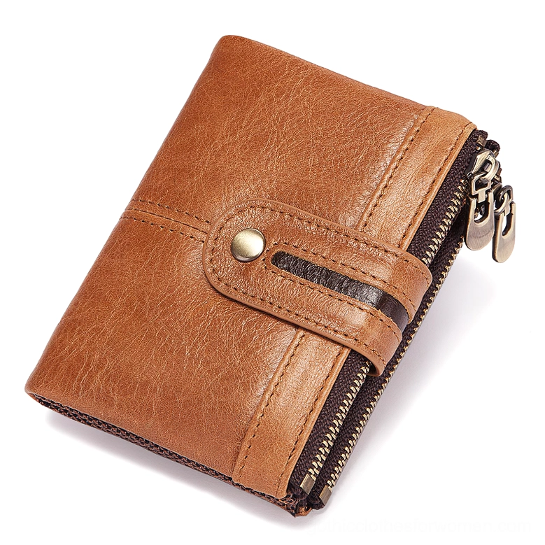 Tan brown genuine leather gothic wallet with two-tone stripe design and metal snap fastener, alternative style accessory