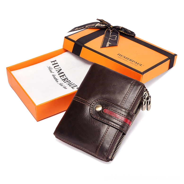 Coffee brown gothic leather wallet with gift box packaging, elegant alternative style present for goths