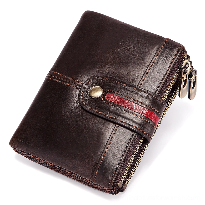 Dark brown genuine leather gothic wallet with red stripe decoration and dual side zippers, compact organizer design
