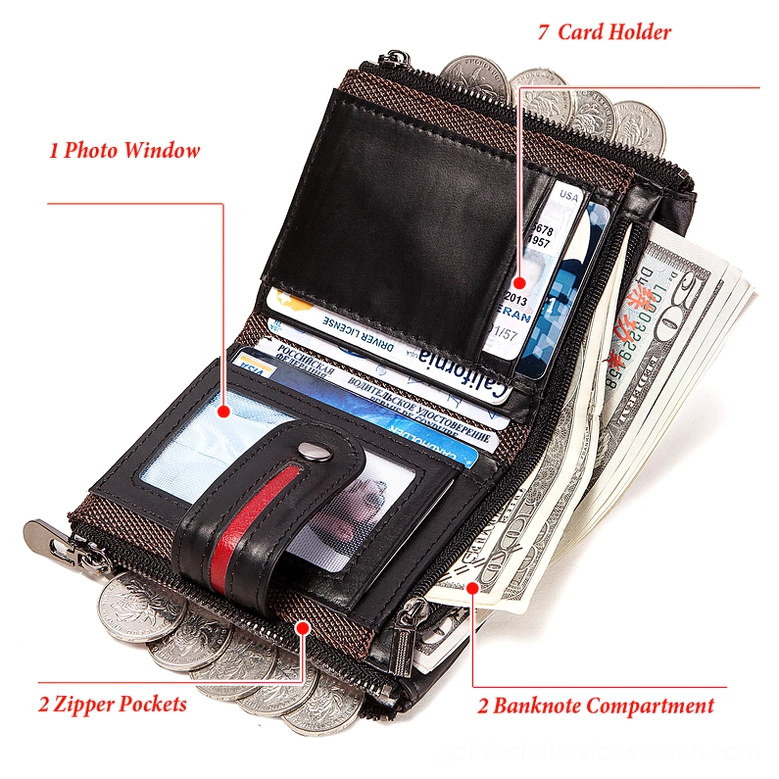 Interior view of gothic leather wallet showing 7 card slots, photo window, 2 cash compartments, and coin pockets