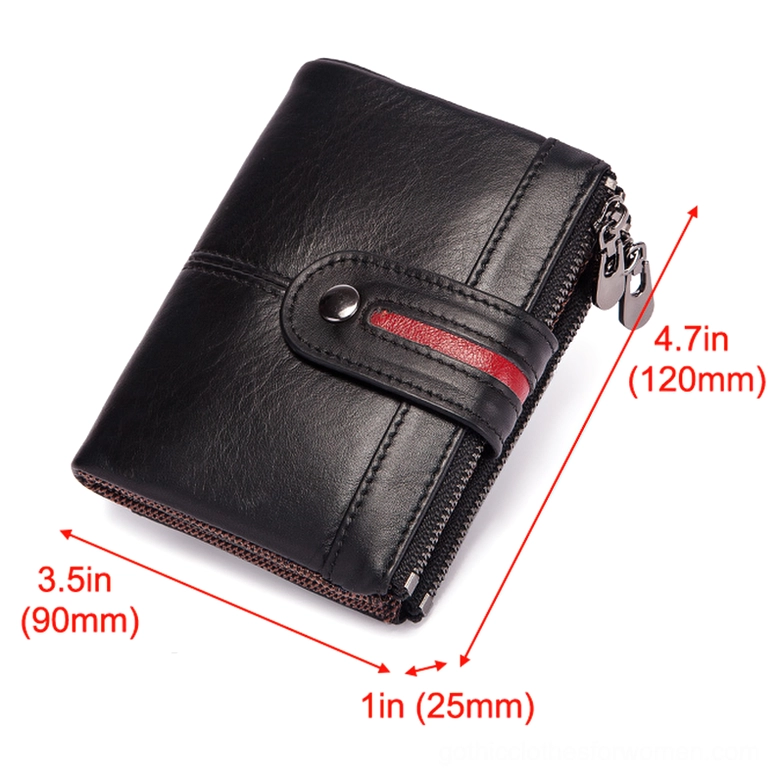 Gothic leather wallet dimensions marked at 4.7 inches by 3.5 inches by 1 inch, compact size demonstration