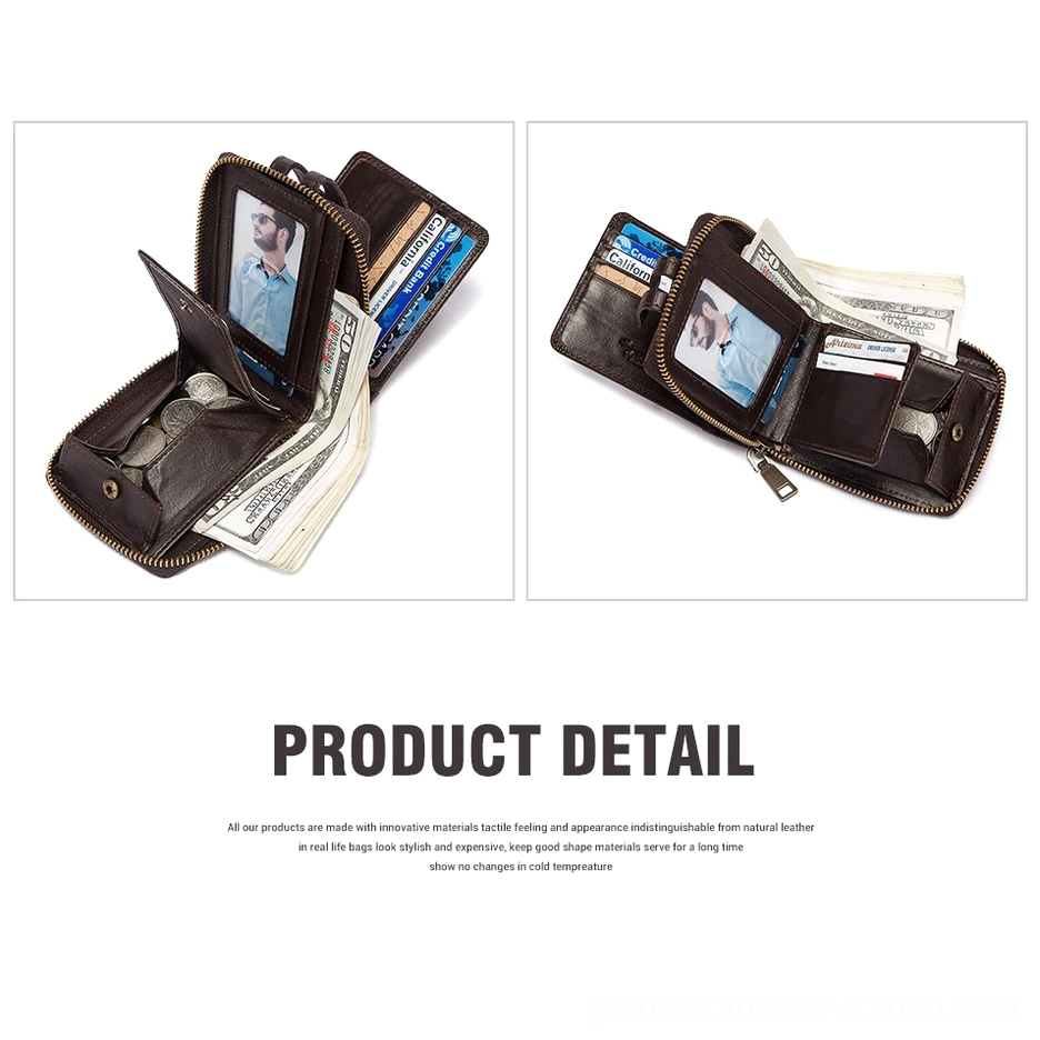 Genuine leather gothic bifold wallet close-up showing zipper closure and craftsmanship details