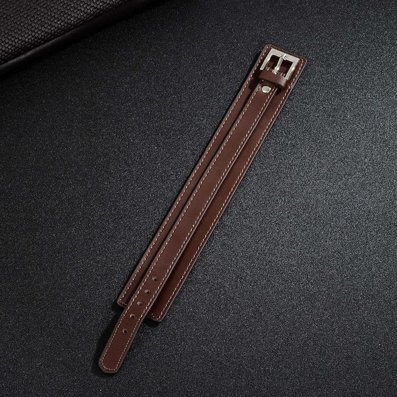 Gothic leather wristband strap component with single buckle, double-layer leather design, unassembled view