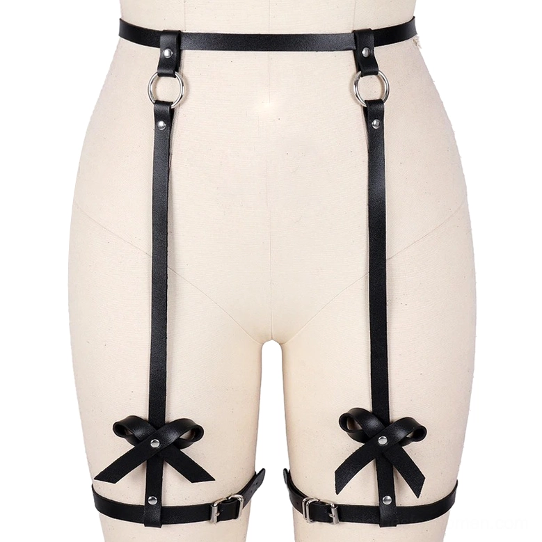PU leather thigh garter harness with bows on dress form, smooth black finish with metal D-ring hardware and adjustable buckle system