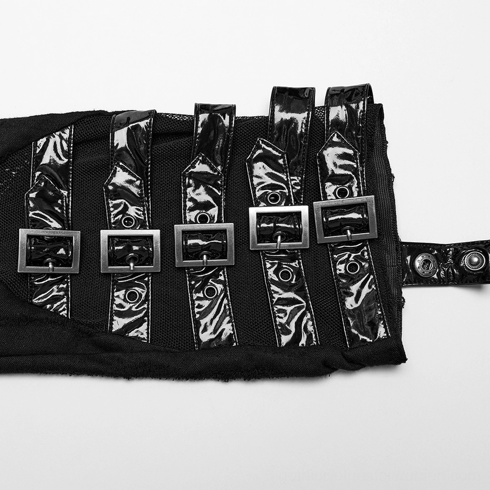 Close-up flat lay of patent leather buckle strap details with polished square metal buckles and polyurethane construction on gothic leg warmer