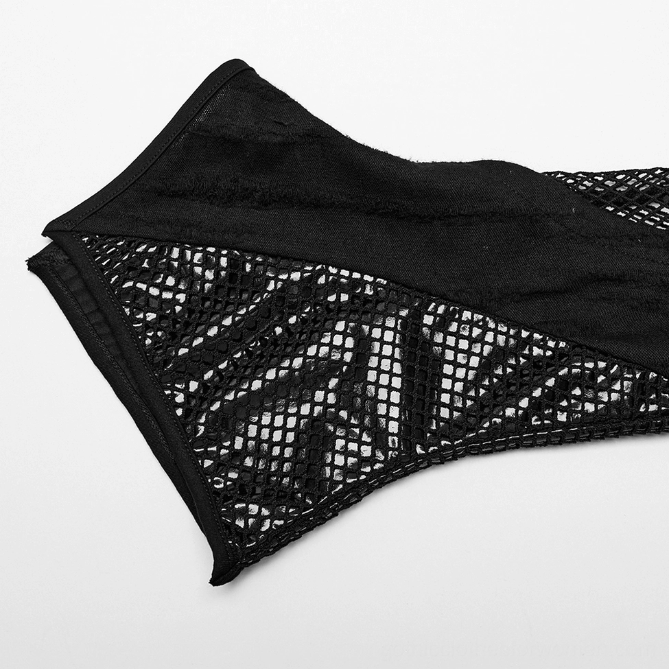Detailed flat lay of gothic leg warmer fabric section showing knit base, glossy patent leather trim, and asymmetrical flared edge construction