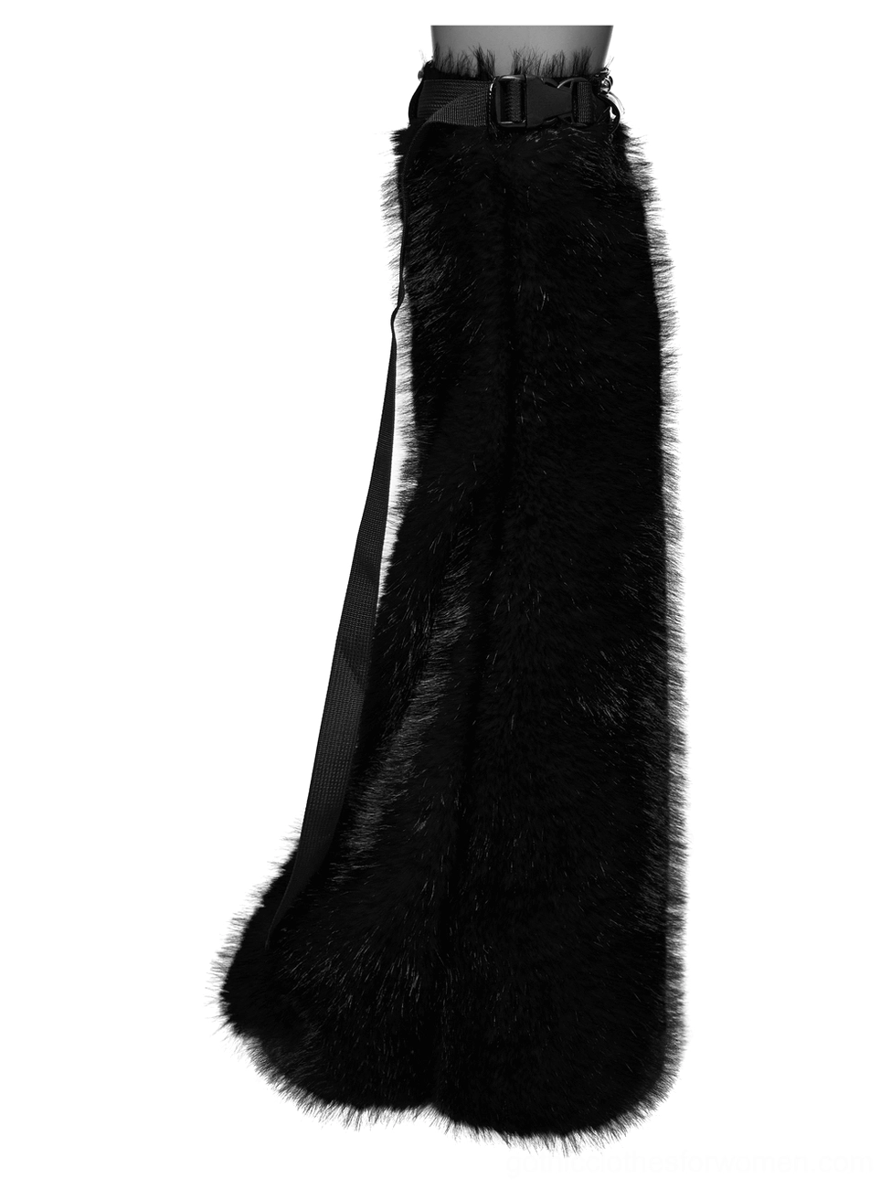 Black faux fur gothic leg warmer angled side view highlighting asymmetrical buckle strap design and luxurious fluffy fur exterior texture