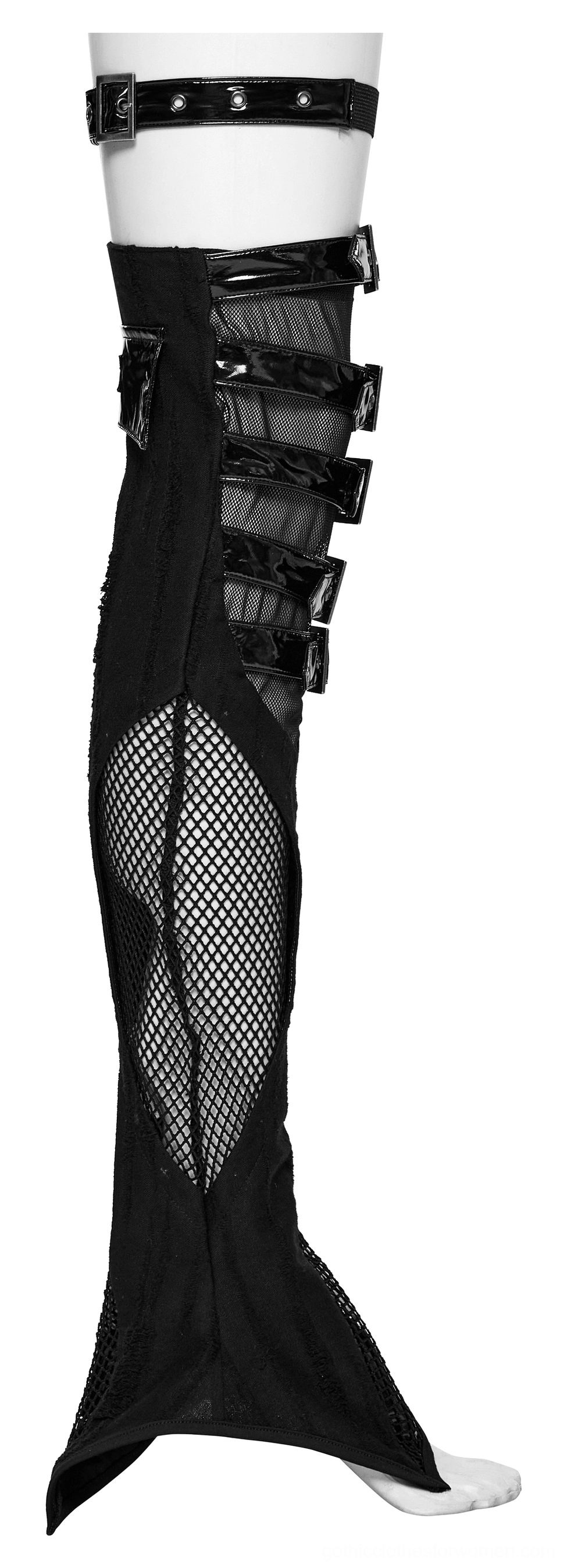 Side rear angle of single gothic leg warmer featuring mesh panel construction, patent leather buckle straps, and flared asymmetrical cut