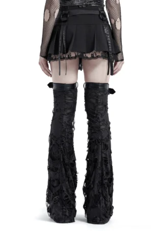Black gothic leg warmers with frayed edges and leather waist trim, rear view showing back lace-up design and distressed silhouette