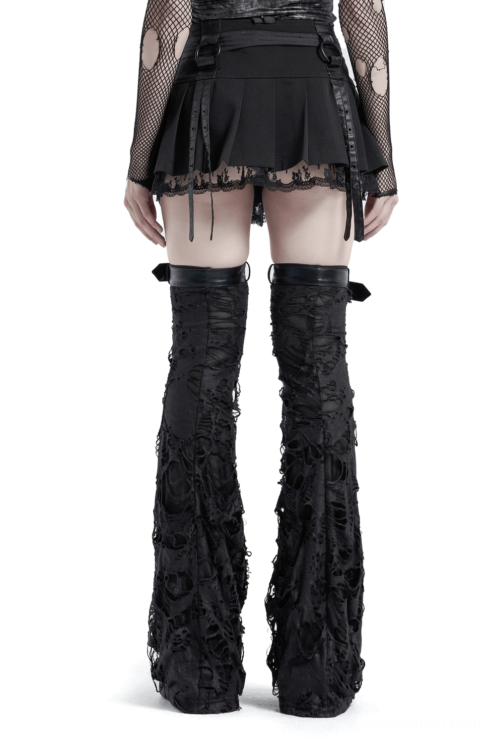 Black gothic leg warmers with frayed edges and leather waist trim, rear view showing back lace-up design and distressed silhouette