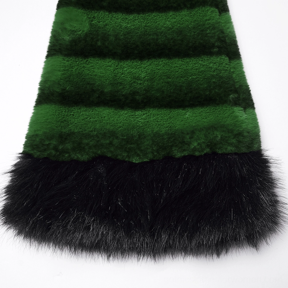 Black plush fur trim hem detail on green striped faux fur gothic leg warmer