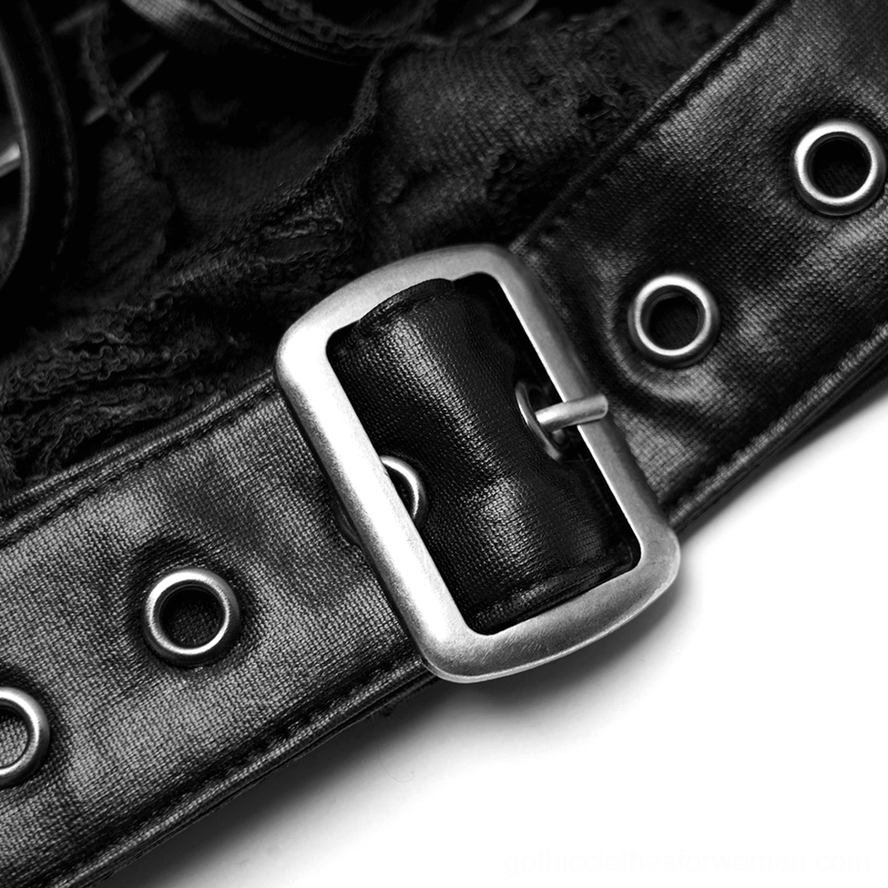 Side close-up of gothic leg warmers strap hardware featuring silver metal buckle and leather strap with multiple eyelet holes for adjustment