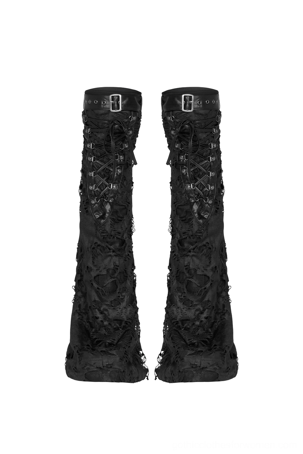 Black gothic leg warmers close-up front view showing metal buckle strap, lace-up closure, and intentional ripped fabric design