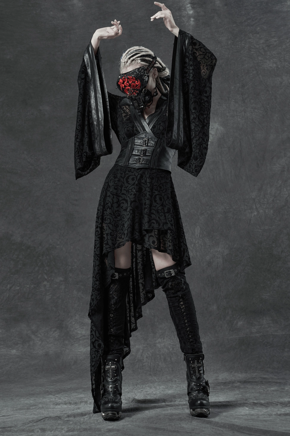 Gothic leg warmers displaying the elastic fitting system and overall construction quality with multiple detail elements