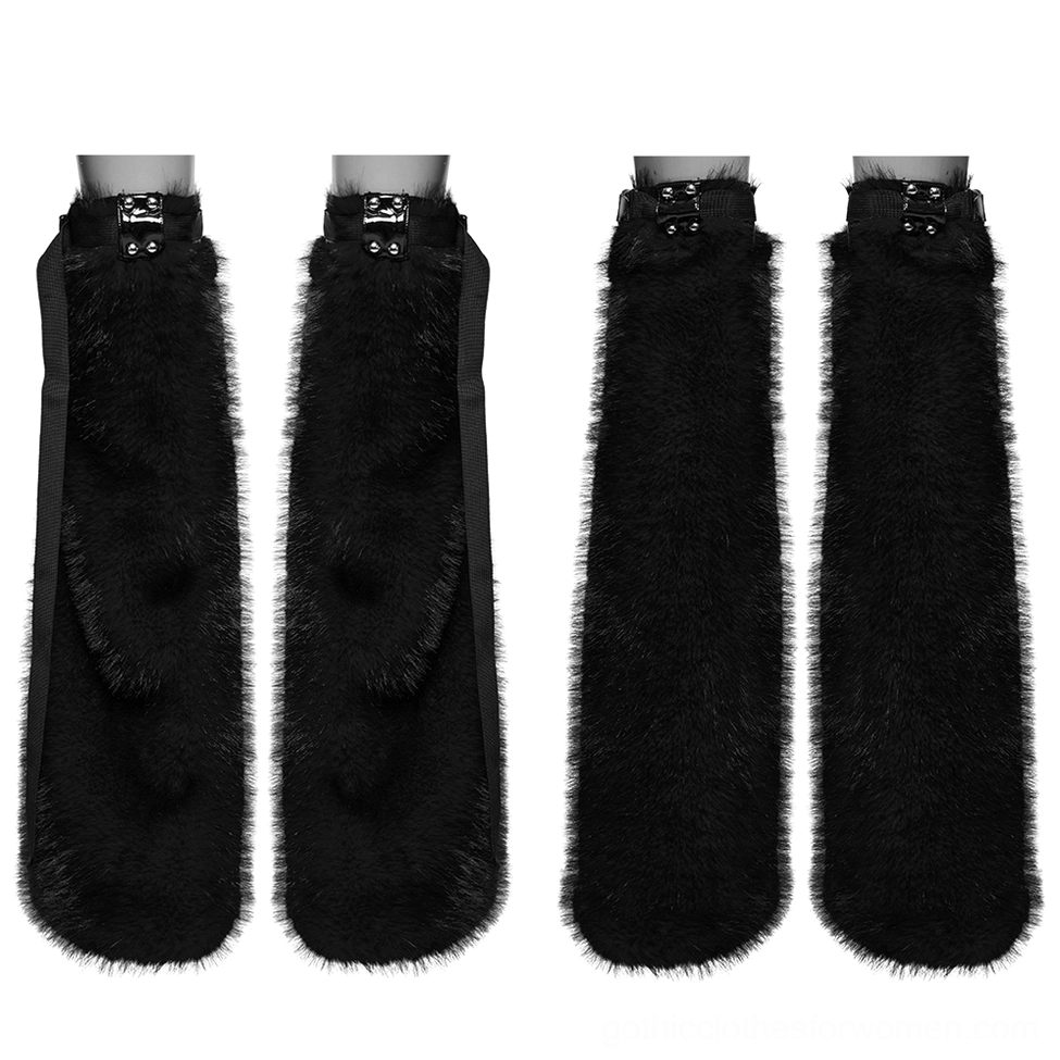 Multiple pairs of black faux fur gothic leg warmers laid flat, showing product range with rivet-adorned buckle straps and uniform sizing