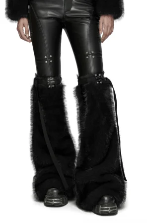 Black faux fur gothic leg warmers with rivet buckle straps worn with leather pants, front three-quarter view showcasing fluffy fur texture and adjustable strap design