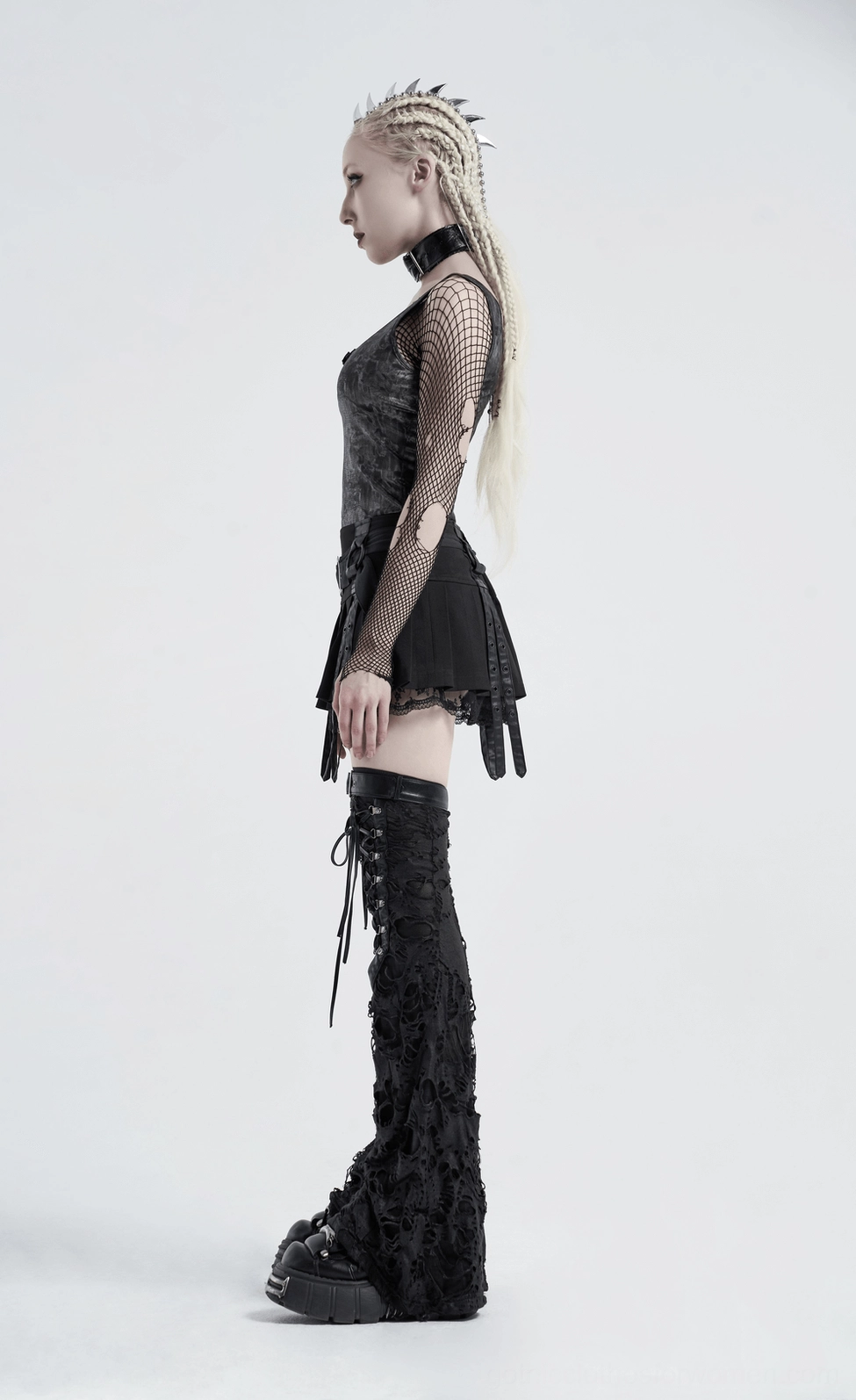 Black gothic leg warmers full product view displaying overall silhouette, flared design, and complete aesthetic with all hardware elements