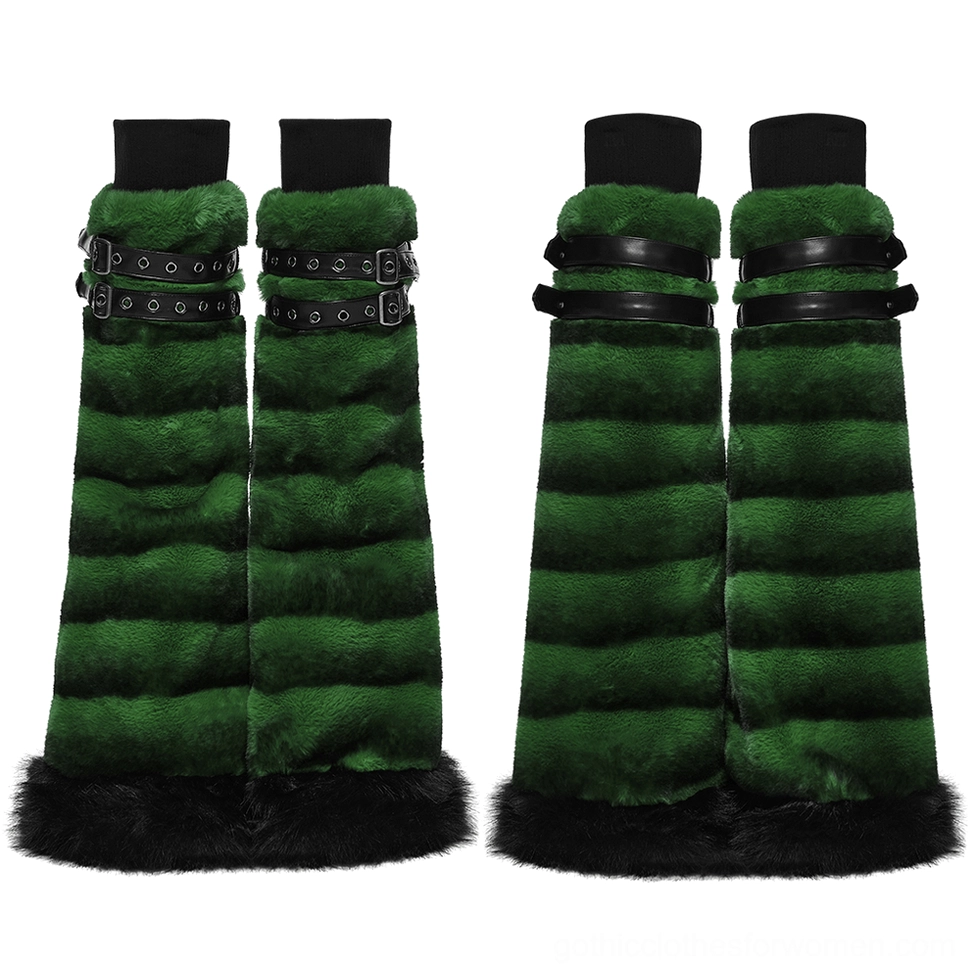 Pair of green striped faux fur leg warmers with black buckle straps and fur trim, flat lay detail view