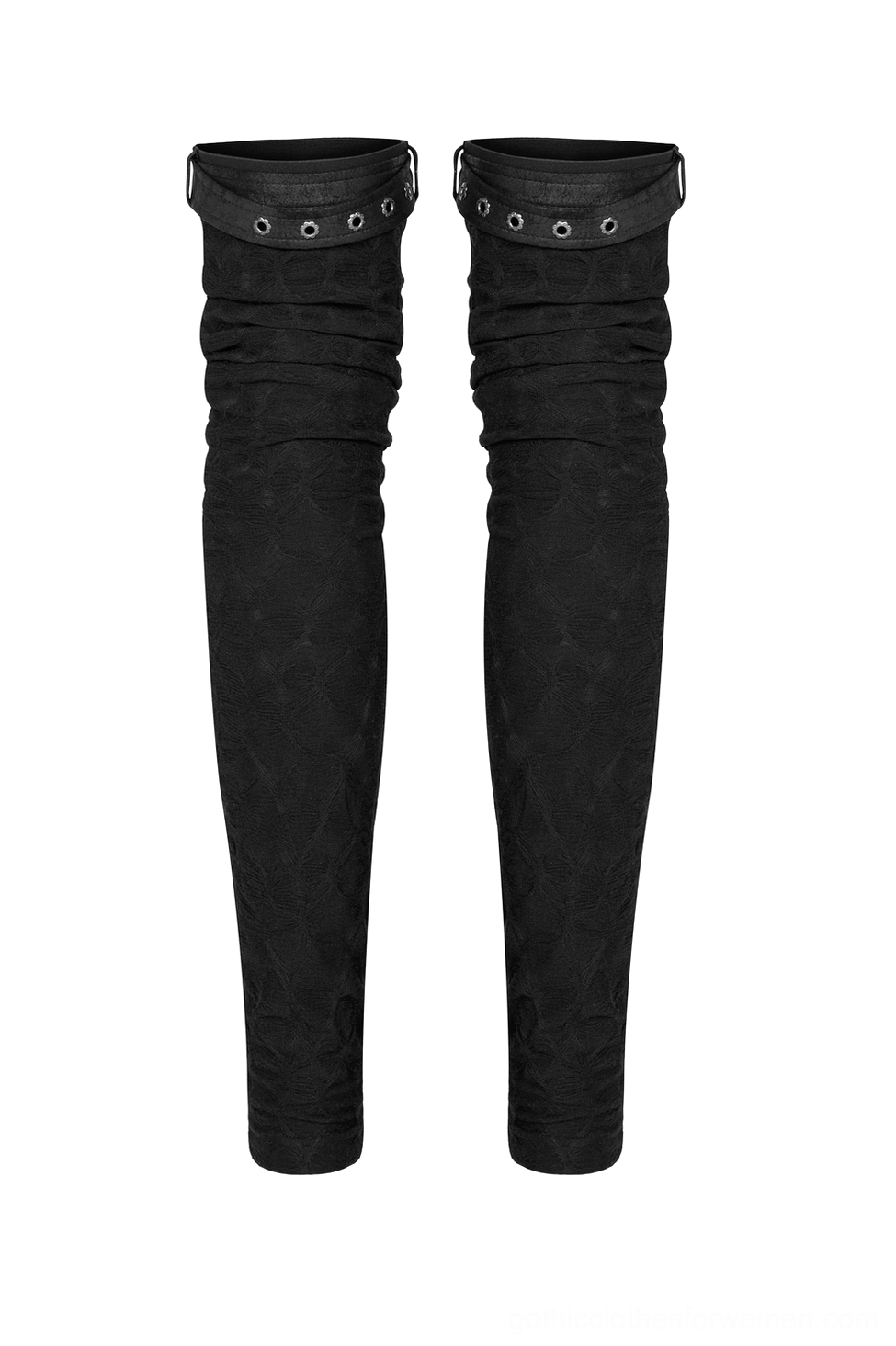 Flat front view of black gothic leg warmers with grommet top straps and subtle jacquard woven texture