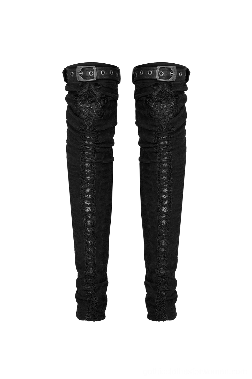Close-up front view of black gothic leg warmers with embroidered lace panels and metal buckle hardware details