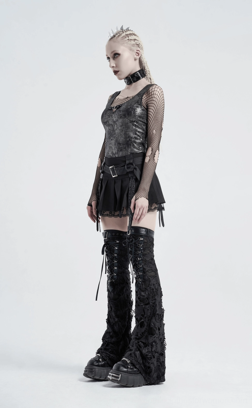 Gothic ripped leg warmers detail shot showing lace-up front system, frayed edges, and punk-inspired distressed construction design