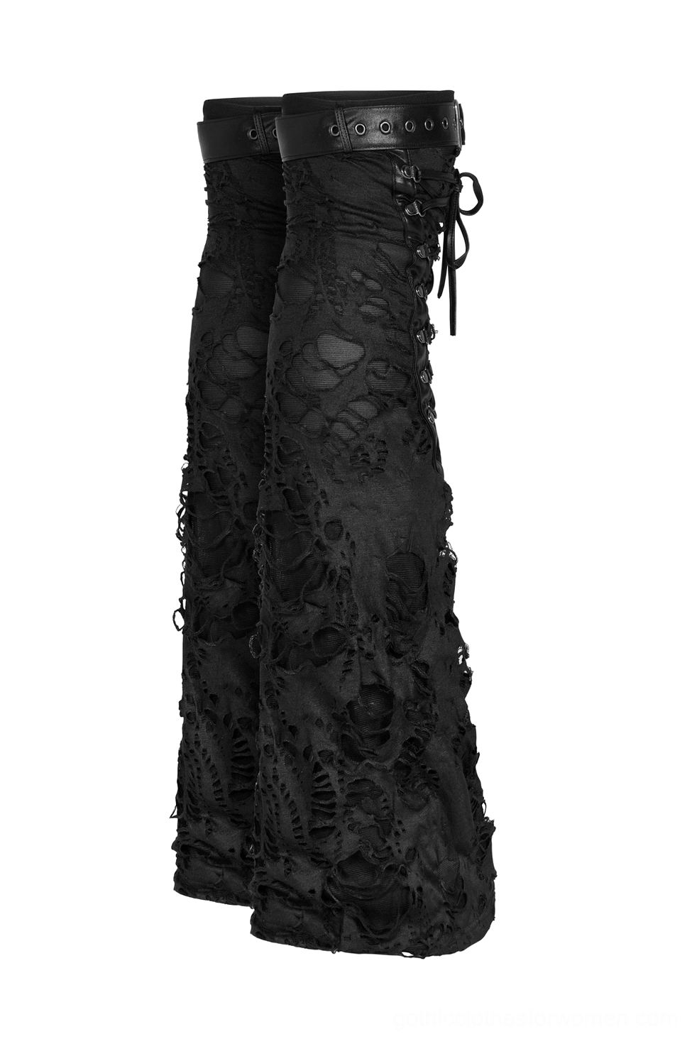 Black gothic leg warmers side angle displaying back lace-up ties, leather top band, distressed frayed edges and A-line silhouette