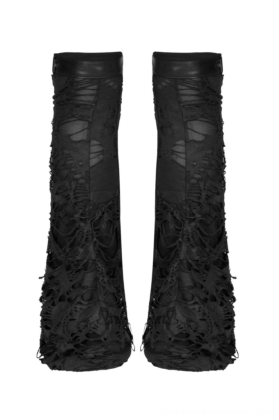 Black gothic ripped leg warmers front view with smooth leather top trim, solid black frayed fabric, and flared cut design