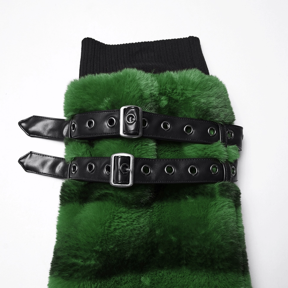 Metal buckles and black PU adjustment straps on green faux fur gothic leg warmer, close-up detail