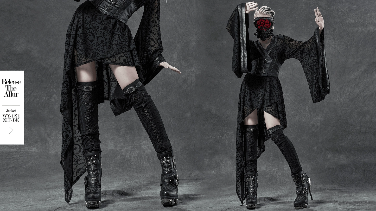 Primary product image of black gothic knee-high leg warmers with embroidered lace, metal buckles, and premium construction