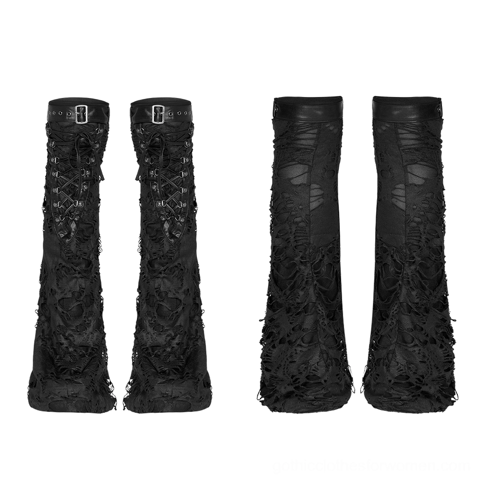 Two pairs of black gothic ripped leg warmers displayed front view, featuring lace-up details and sheer mesh underlayer on distressed fabric