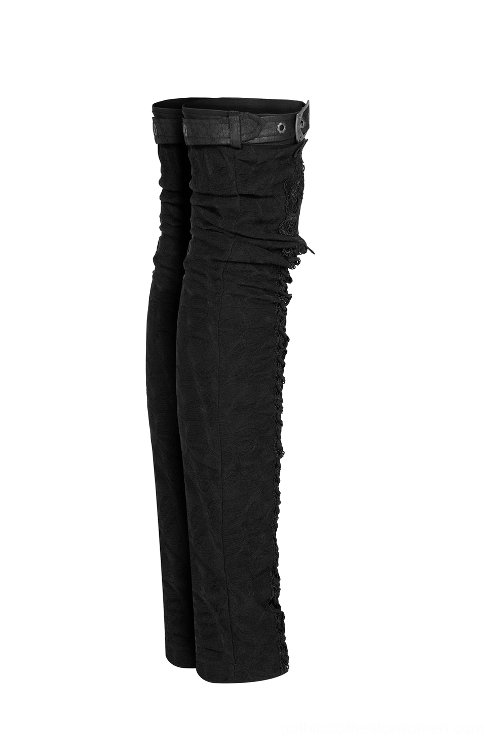 Side flat shot of gothic leg warmers showing ruched construction and leather buckle strap at the top