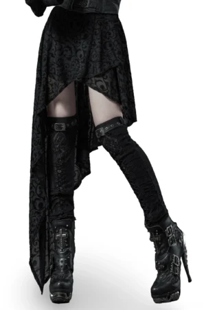 Gothic leg warmers side view showing fit and metal buckle details on raised leg, demonstrating dynamic wear and stretch