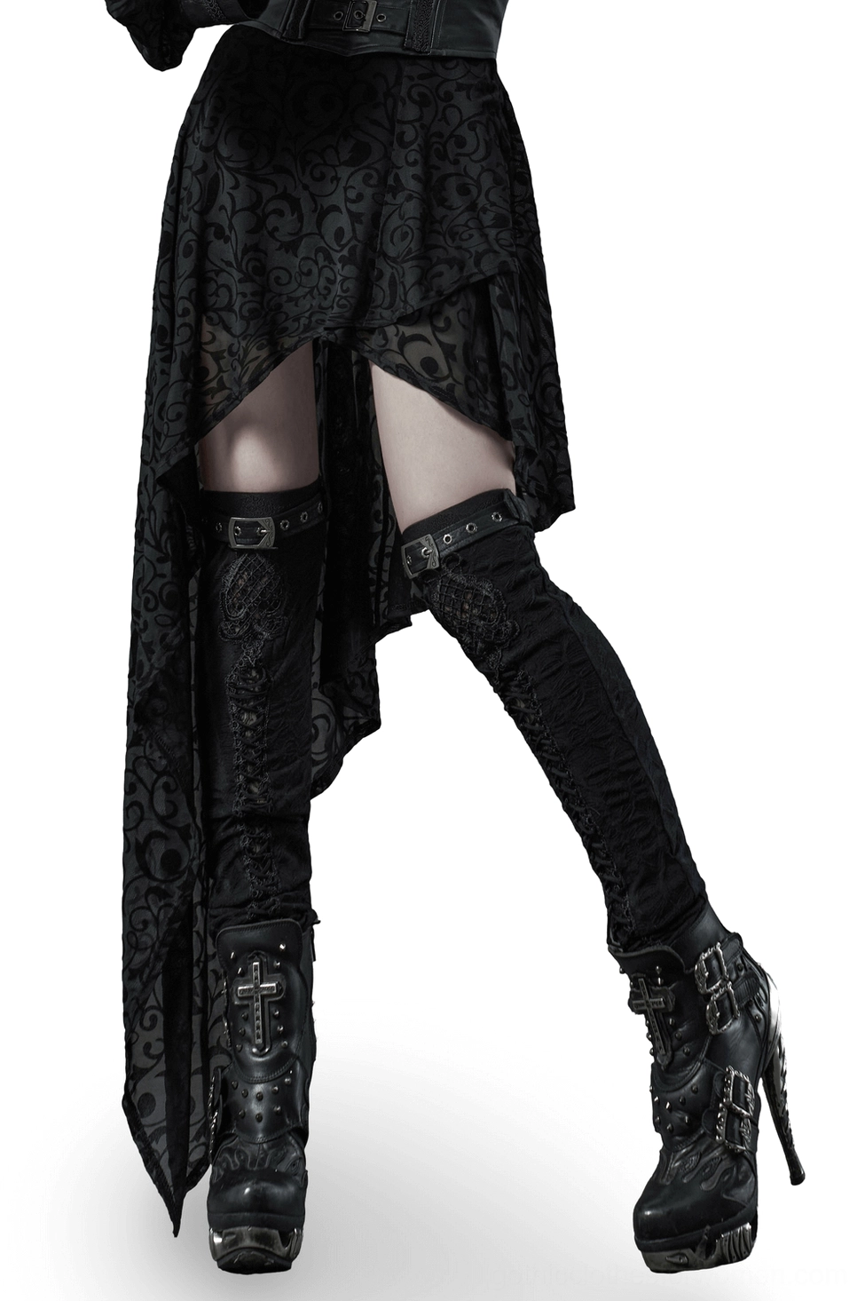 Gothic leg warmers side view showing fit and metal buckle details on raised leg, demonstrating dynamic wear and stretch
