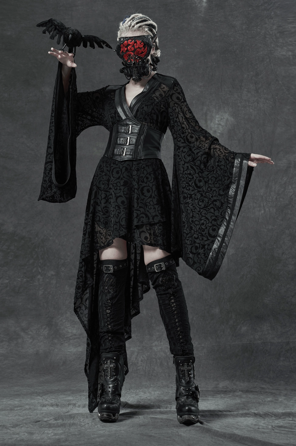 Alternative angle showing gothic leg warmer sizing options and how metal buckles adjust for different thigh circumferences