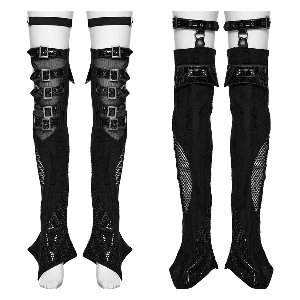 Comparison of two gothic thigh high leg warmer styles - maximalist buckle design versus minimal hardware version on display mannequin