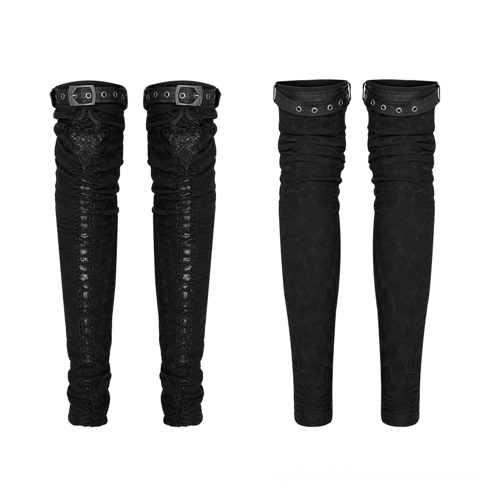 Flat lay comparison of two gothic leg warmer styles including lace with buckles and solid black variations