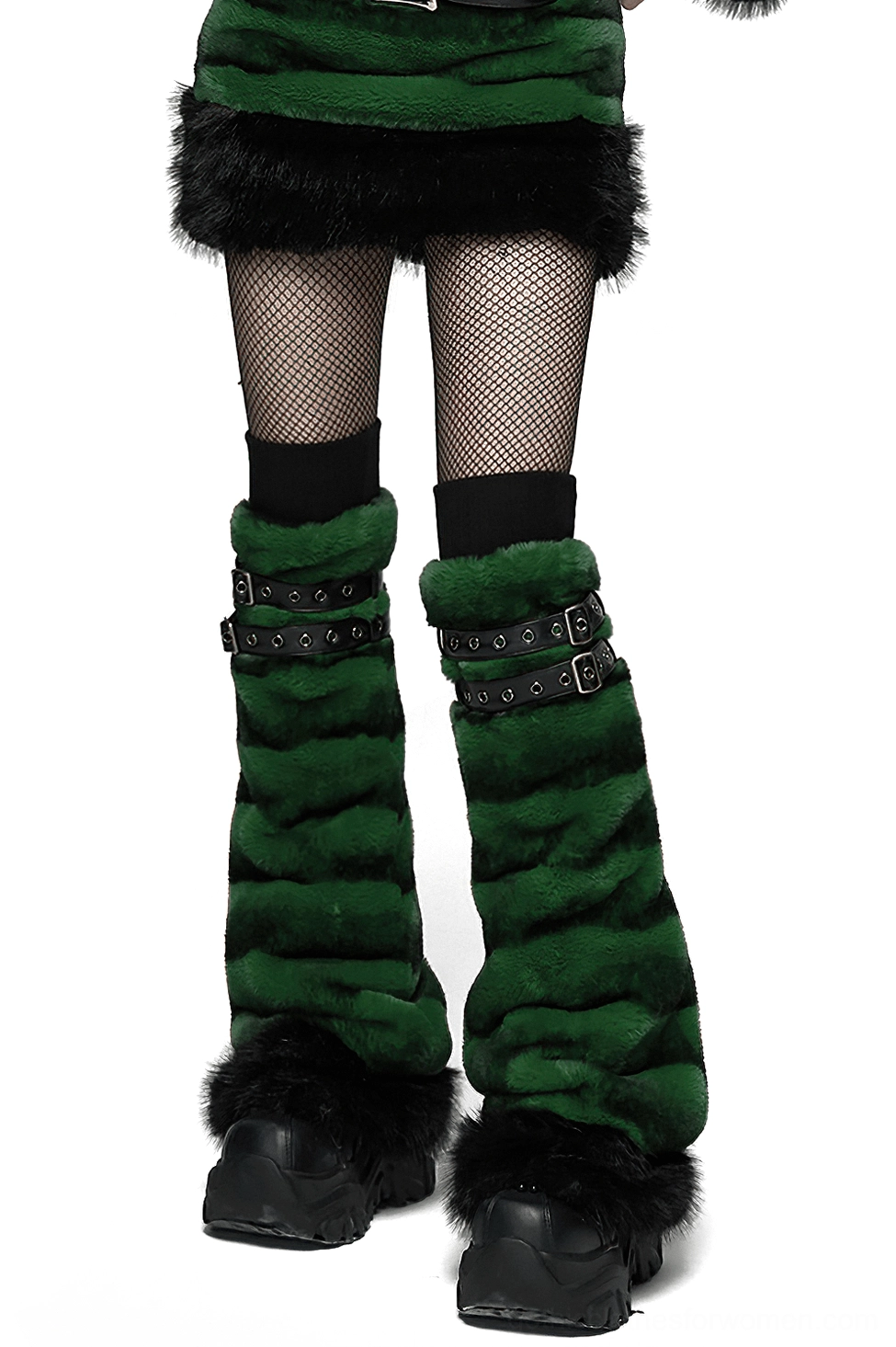 Alternative fashion styling with gothic leg warmers, black fishnet stockings and platform boots, front view
