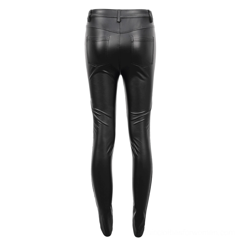 Black faux leather gothic leggings rear view on female model showing matte finish and fitted silhouette
