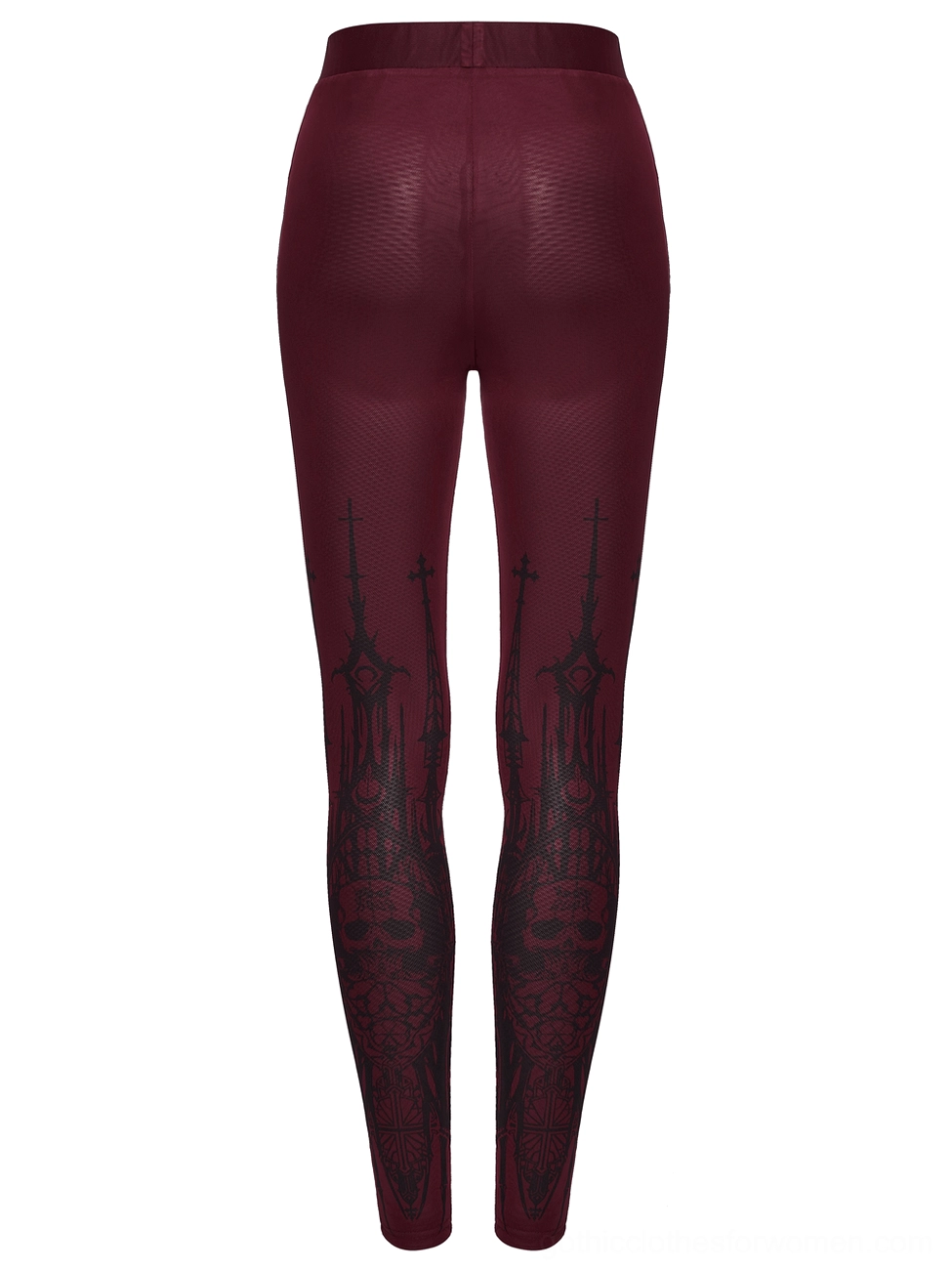 burgundy gothic mesh leggings back flat lay elastic high waistband print design