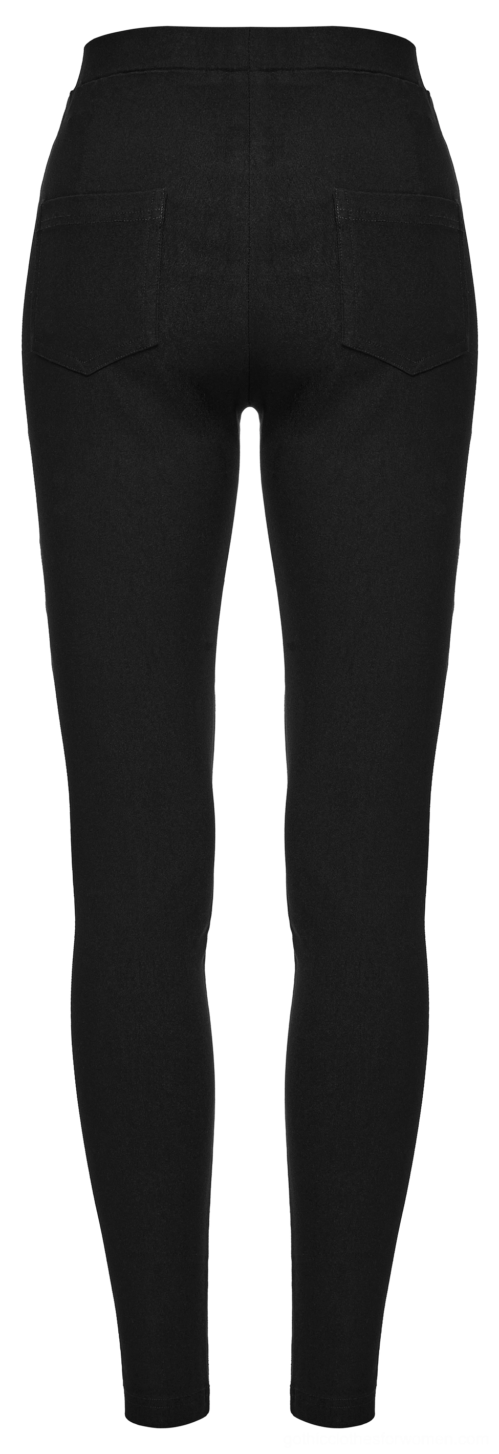 Black gothic leggings rear panel flat lay view, back pocket and solid fabric details