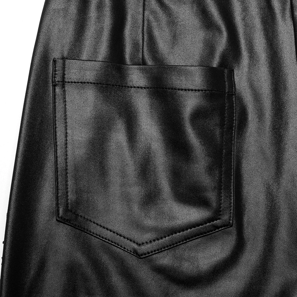 Black faux leather gothic leggings back pocket close-up with stitching detail