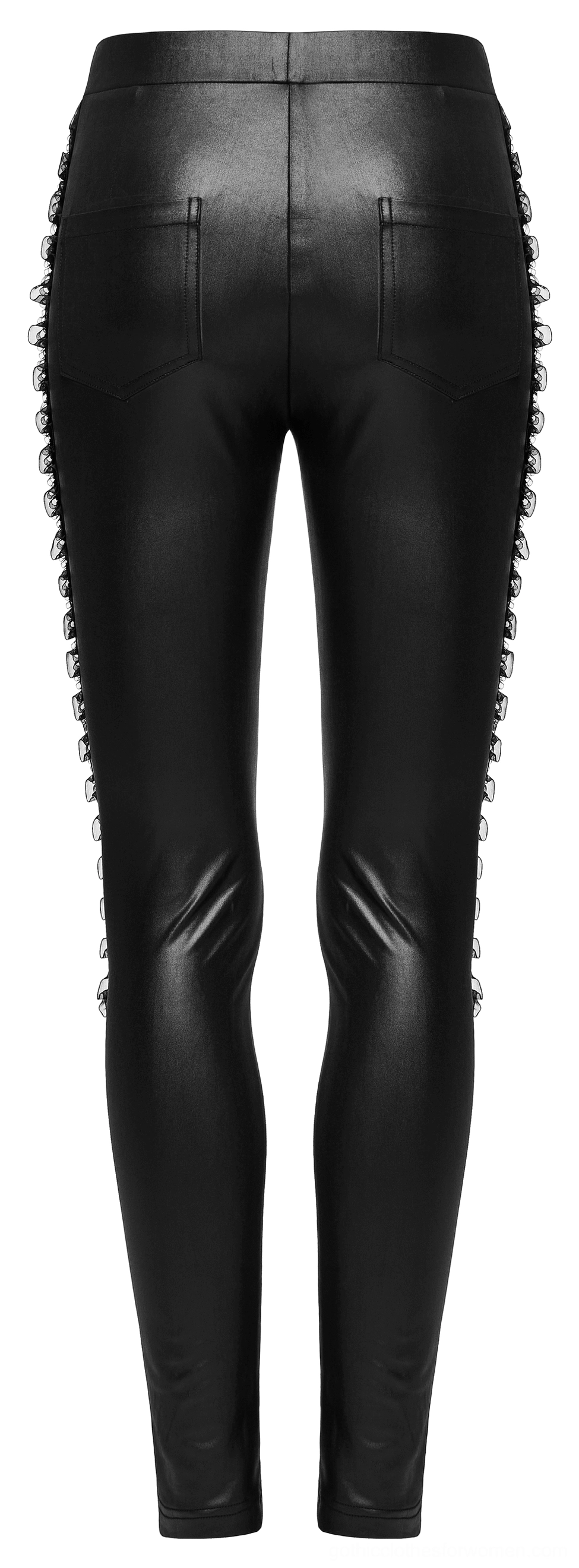 Black gothic leggings rear flat lay showing back pockets and ruffled side seam trim