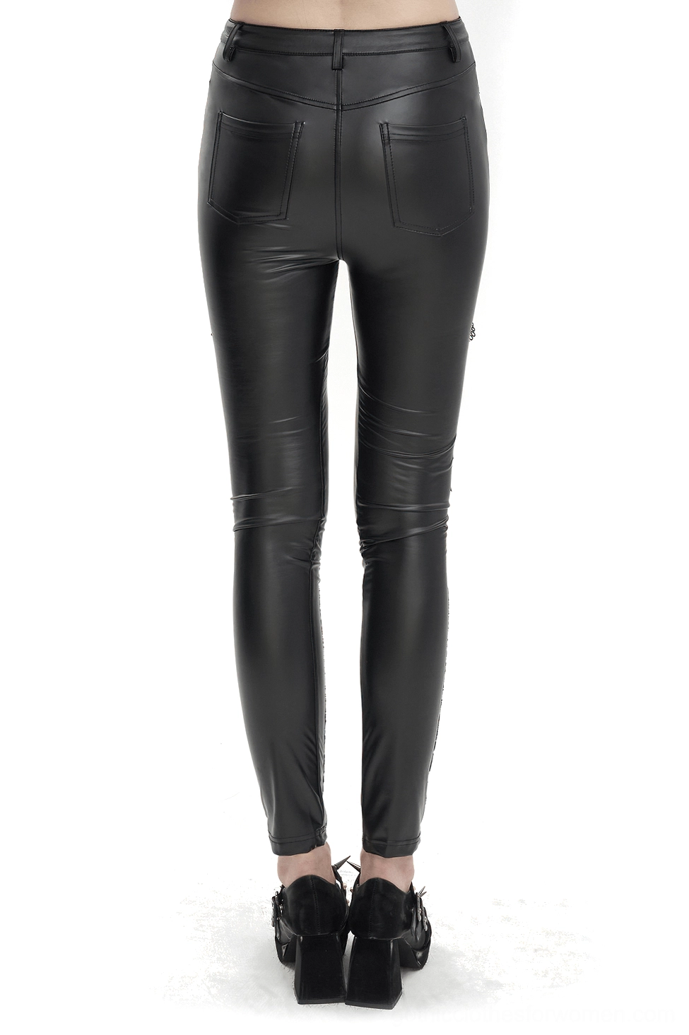 Black faux leather gothic leggings rear view showing fitted silhouette and back pockets on female model
