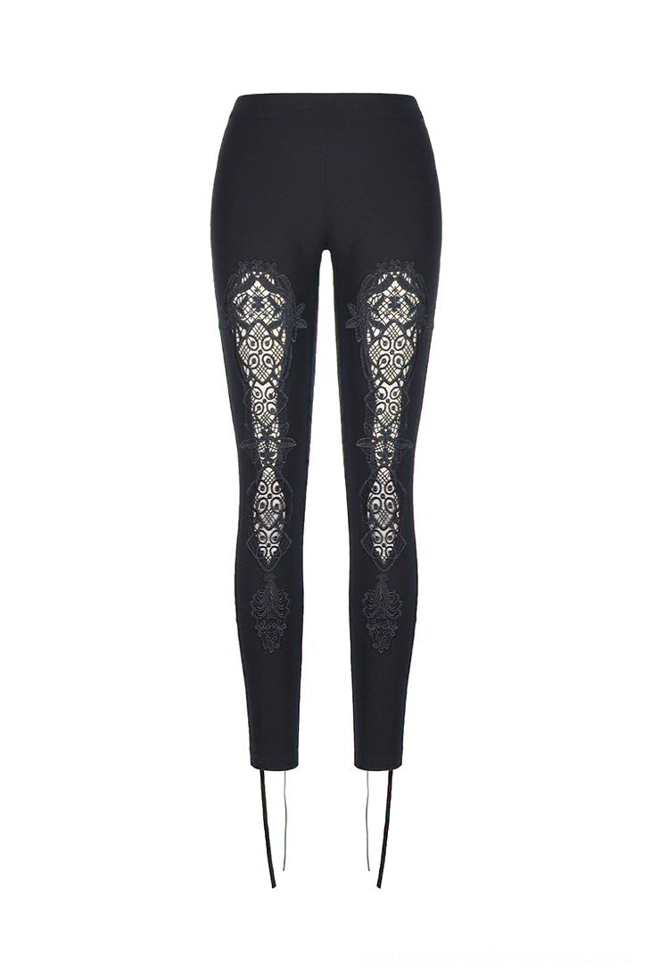 Front flat lay of black gothic leggings showing thigh lace panel inserts and ankle drawstring lace-up details in professional product photography