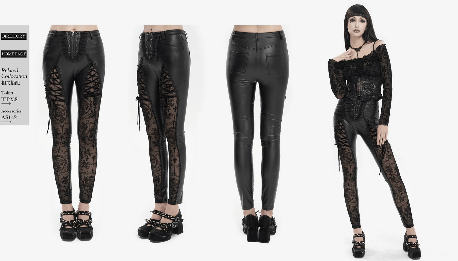 Black gothic lace-up leggings complete styling ensemble with faux leather and lace-up panels