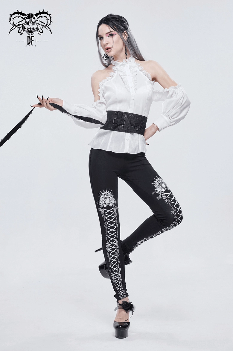 Black gothic leggings with white lace-up rose print detail styled for everyday alternative fashion