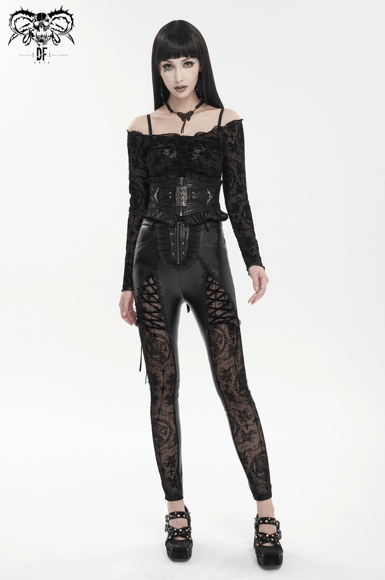 Black gothic leggings texture detail showing faux leather quality and lace embellishment